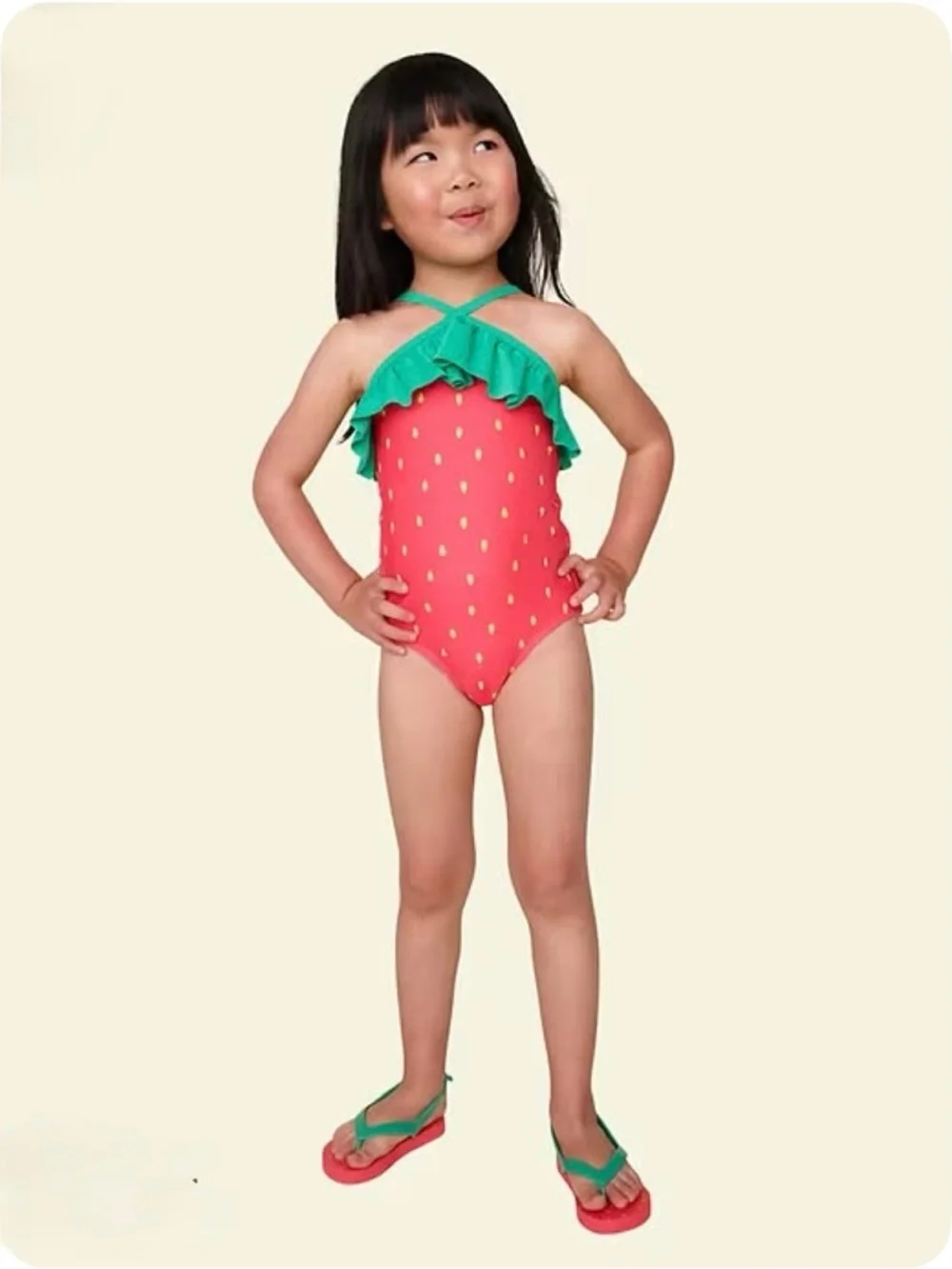 Girls Strawberry One-Piece Swimsuit in Red and Green